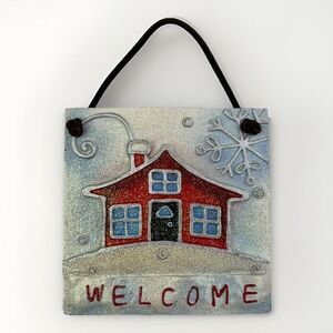 Christmas Welcome Wall Hanging Ceramic Tile Plaque Holiday Winter Decor House
